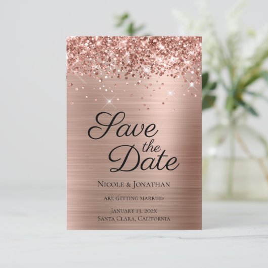Glittery Roos Gold Foil Elegant Calligrafie Save The Date (Staand voorkant)
