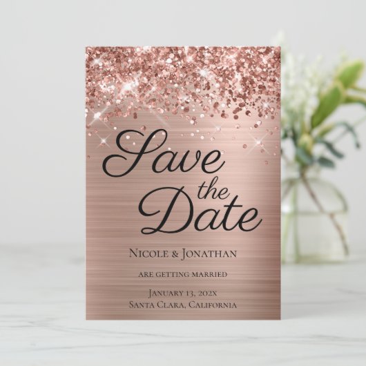 Glittery Roos Gold Foil Elegant Calligrafie Save The Date (Staand voorkant)