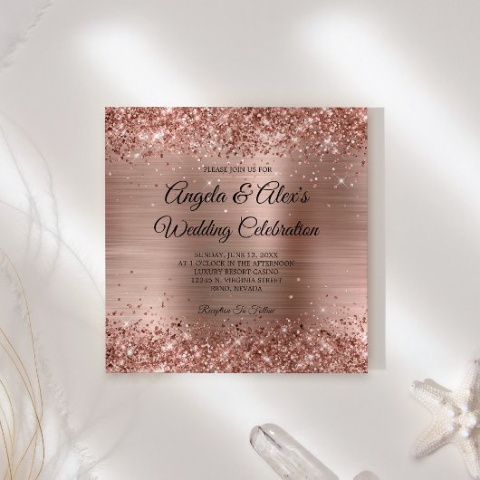 Glittery Roos Gold Foil Elegant Wedding Kaart