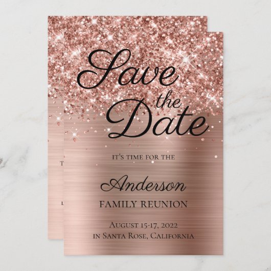 Glittery Roos Gold Foil Family Reunion Save The Date (Voorkant / Achterkant)