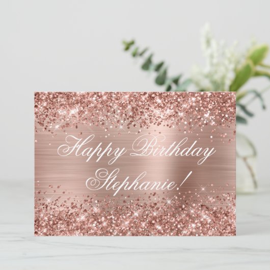 Glittery Roos Gold Foil Fancy Happy Birthday Kaart (Staand voorkant)