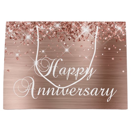 Glittery Roos Gold Foil Fancy Happy Jubileum Groot Cadeauzakje (Voorkant)