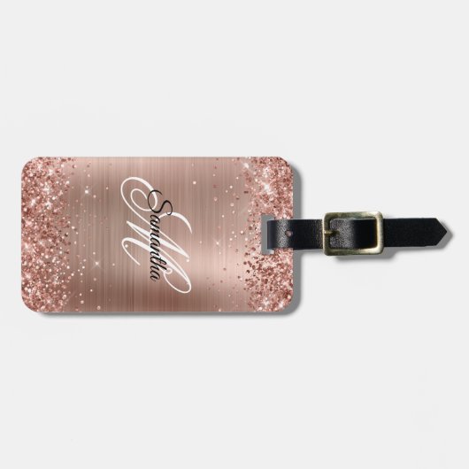 Glittery Roos Gold Foil Fancy Monogram Bagagelabel (Voorkant horizontaal)