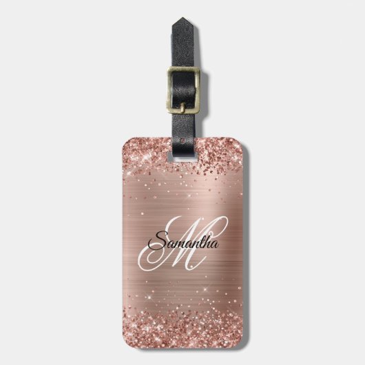 Glittery Roos Gold Foil Fancy Monogram Bagagelabel (Voorkant verticaal)