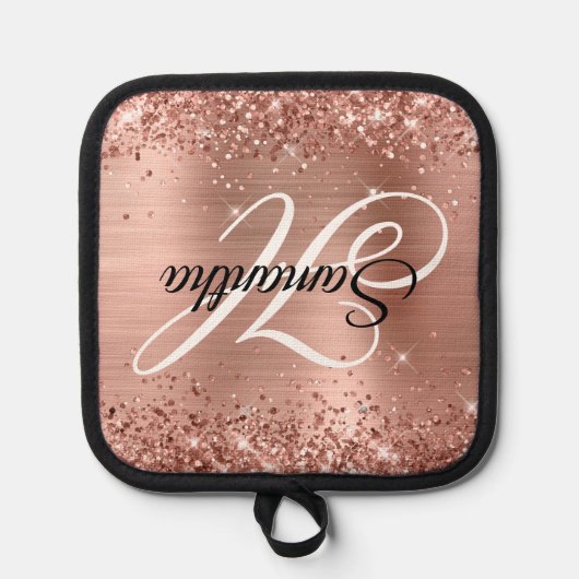 Glittery Roos Gold Foil Fancy Monogram Pannenlap (Voorkant)