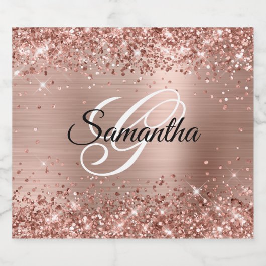 Glittery Roos Gold Foil Fancy Monogram Sparkling Wijnetiket (Enkel label)