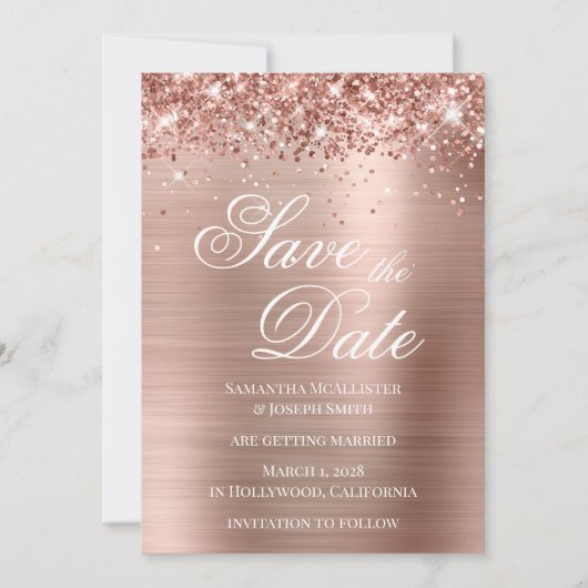 Glittery Roos Gold Foil Foto slaat de datum op Kaart (Voorkant)