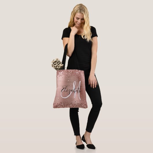 Glittery Roos Gold Foil Girly Monogramed Tote Bag (Op model)
