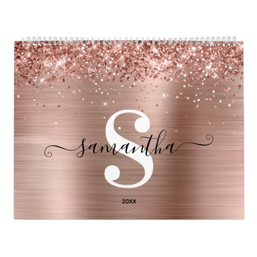 Glittery Roos Gold Foil Handtekening Monogram Foto Kalender (Hoes)