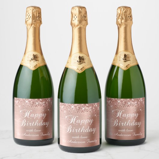 Glittery Roos Gold Foil Happy Birthday Sparkling Wijnetiket (Flessen)