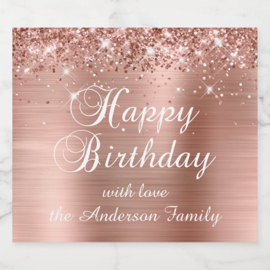 Glittery Roos Gold Foil Happy Birthday Sparkling Wijnetiket (Enkel label)