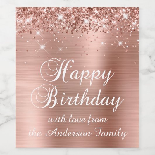 Glittery Roos Gold Foil Happy Birthday Wijn Etiket (Enkel label)