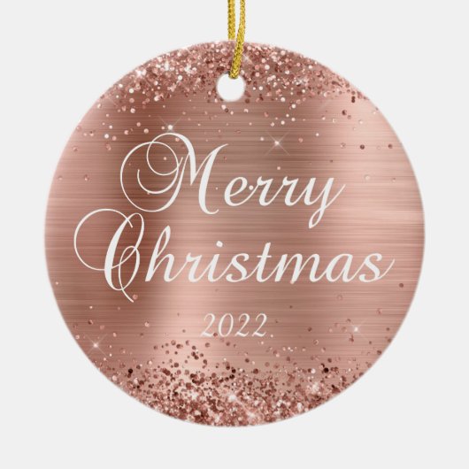 Glittery Roos Gold Foil Merry-kerstfoto Keramisch Ornament (Voorkant)