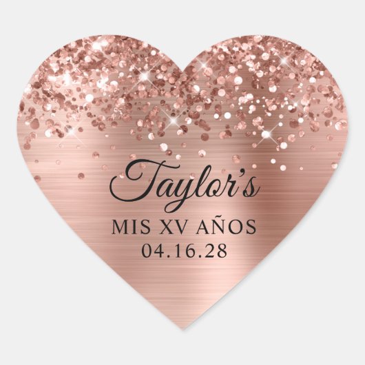Glittery Roos Gold Foil Mis XV Años Hart Sticker (Voorkant)