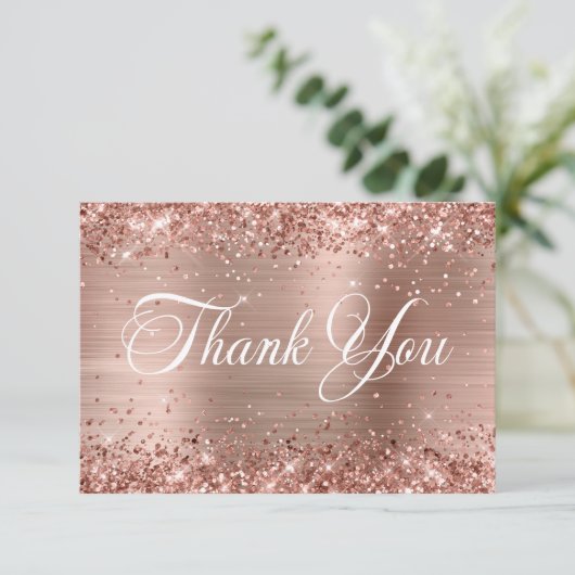 Glittery Roos Gold Foil Mooie Script Verjaardag Bedankkaart (Staand voorkant)