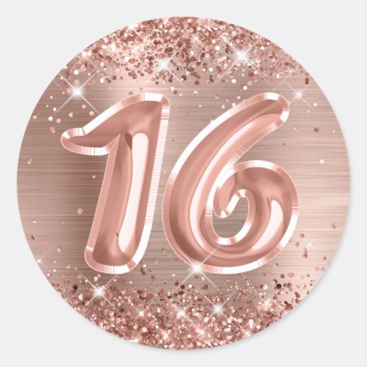 Glittery Roos Gold Foil Number 16 Birthday Ronde Sticker (Voorkant)