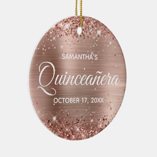 Glittery Roos Gold Foil Quinceañera Keramisch Ornament (Rechts)