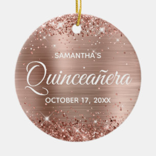 Glittery Roos Gold Foil Quinceañera Keramisch Ornament