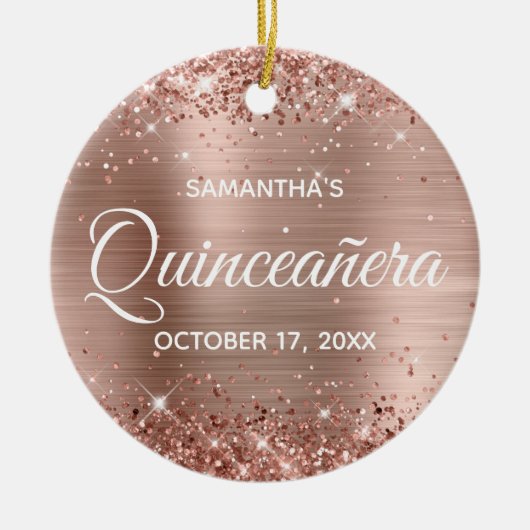 Glittery Roos Gold Foil Quinceañera Keramisch Ornament (Voorkant)