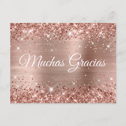 Glittery Roos Gold Foil Quinceañera Muchas Gracias Briefkaart (Voorkant)