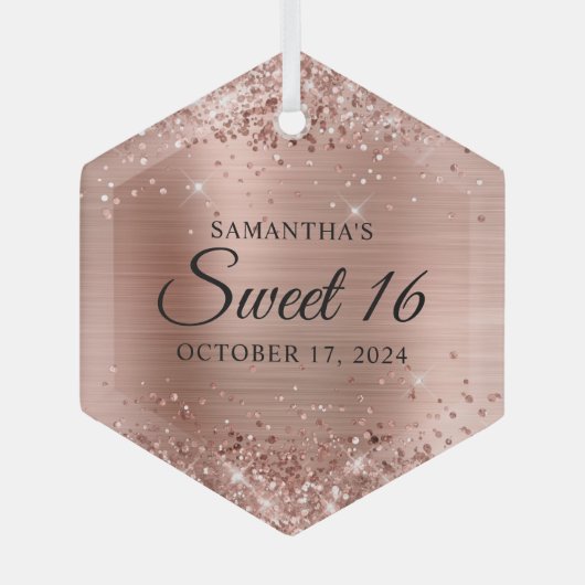 Glittery Roos Gold Foil Sweet 16 Glas Ornament (Voorkant)