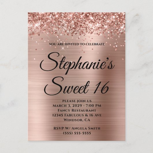 Glittery Roos Gold Foil Sweet 16 Uitnodiging Briefkaart (Voorkant)