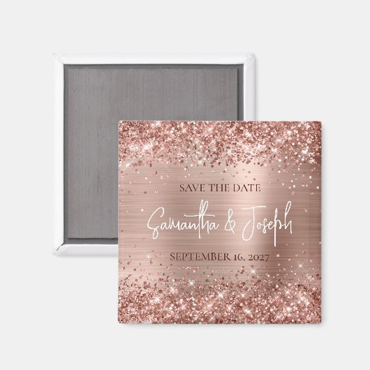 Glittery Roos Gold Foil Wedding Save the Date Magneet (Voorkant / Achterkant)