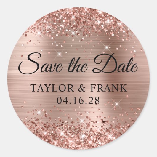 Glittery Roos Gold Foil Wedding Save the Date Ronde Sticker (Voorkant)