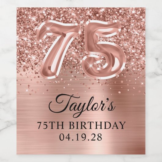 Glittery Roos Gold Folie Nummer 75 Verjaardag Wijn Etiket (Enkel label)