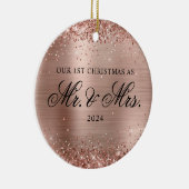 Glittery Roos Gold Folie Onze 1e Kerstfoto Keramisch Ornament (Rechts)