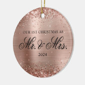 Glittery Roos Gold Folie Onze 1e Kerstfoto Keramisch Ornament (Links)