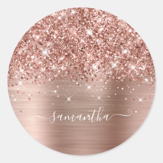 Glittery Roos Gold Girly Handtekening Calligrafie Ronde Sticker (Voorkant)
