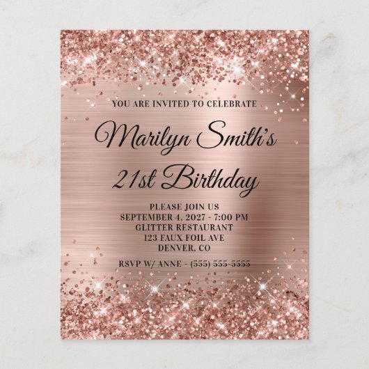 Glittery Roos Gold Glam 21st Birthday Invite Flyer (Voorkant)