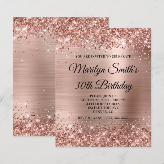 Glittery Roos Gold Glam 30th Birthday Invite (Voorkant / Achterkant)