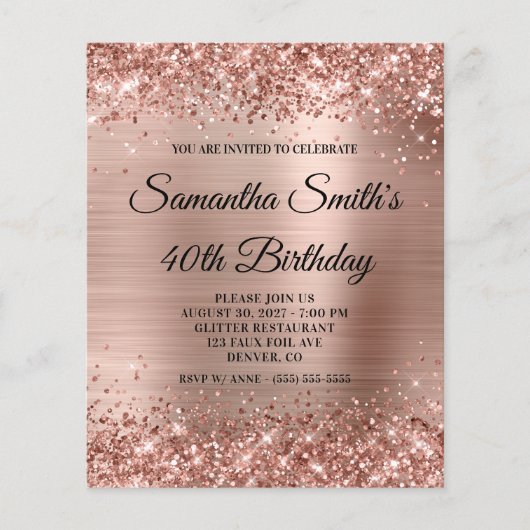 Glittery Roos Gold Glam 40th Birthday Invite Flyer (Voorkant)