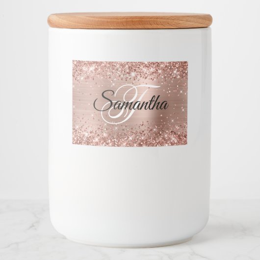 Glittery Roos Gold Glam Fancy Monogram Voedselcontainer Etiket (Voorkant)