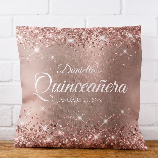 Glittery Roos Gold Glam Gradient Quinceañera 15 Kussen (Glittery Rose Gold Glam Gradient Quinceañera 15 Throw Pillow)