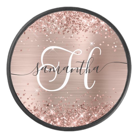 Glittery Roos Gold Glam Monogrammen Hockey Puck (Voorkant)
