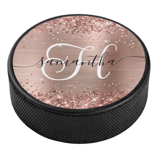Glittery Roos Gold Glam Monogrammen Hockey Puck (3/4)