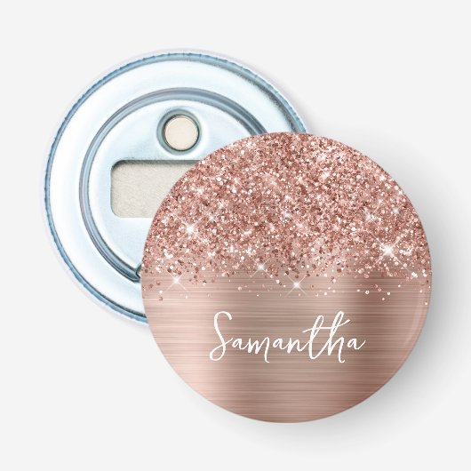 Glittery Roos Gold Glam Name Button Flesopener (Voorkant)