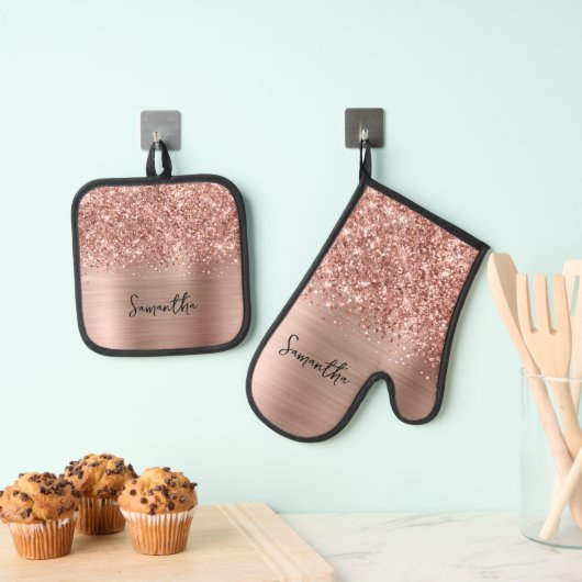 Glittery Roos Gold Glam Name Ovenwant & Pannenlap Set (Insitu(Ophanging))