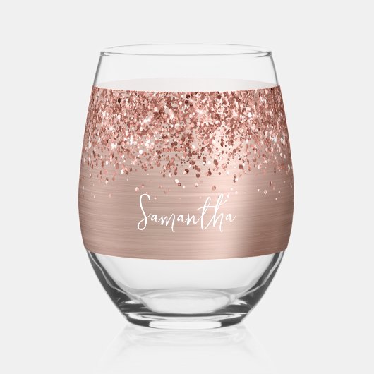 Glittery Roos Gold Glam Name Wijnglas Zonder Voet (Voorkant)