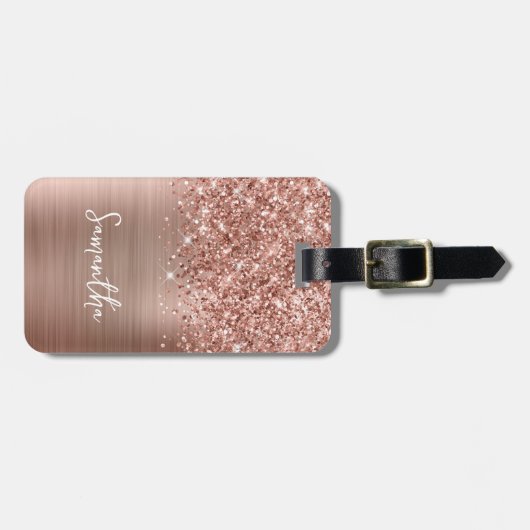 Glittery Roos Gold Glam Script Name Bagagelabel (Voorkant horizontaal)