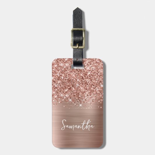 Glittery Roos Gold Glam Script Name Bagagelabel (Voorkant verticaal)