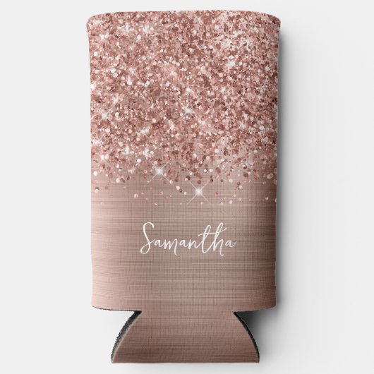 Glittery Roos Gold Glam Script Name Seltzer Blikjeskoeler (Voorkant)