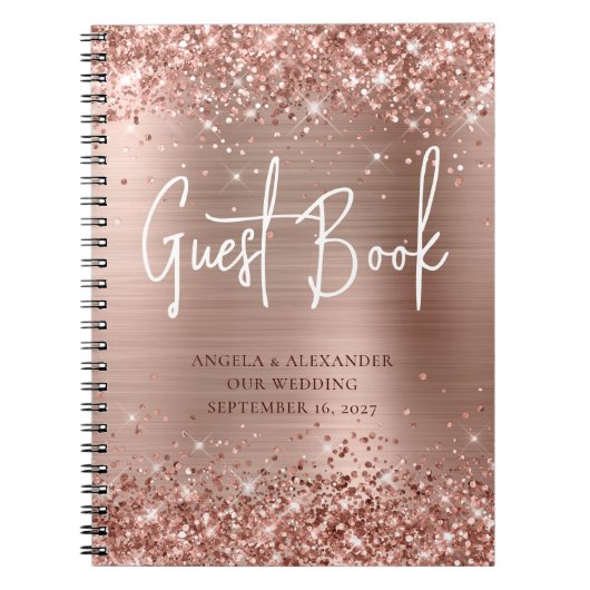 Glittery Roos Gold Glam Wedding Guestbook Notitieboek (Voorkant)