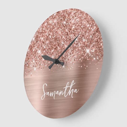 Glittery Roos Gold Glam White Script Name Grote Klok (Hoek)