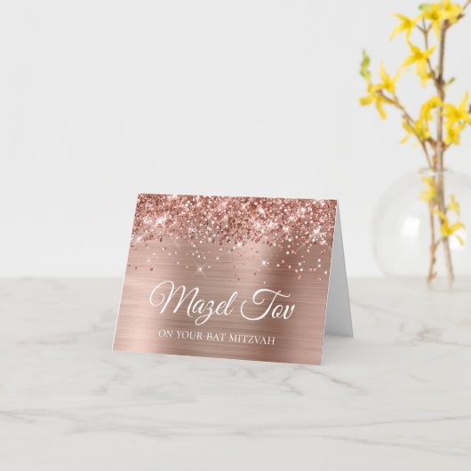 Glittery Roos Gold Mazel Tov op uw tas Mitzvah Kaart (Gele Bloem)