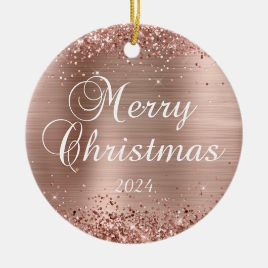 Glittery Roos Gold Merry-kerstfamilie - Foto Keramisch Ornament (Voorkant)