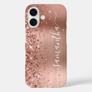 Glittery Roos Gold Metallic Girly Signature iPhone 16 Hoesje